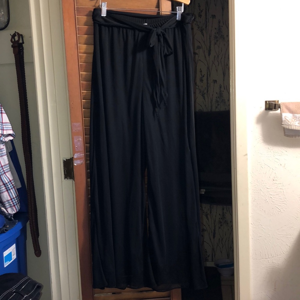Cropped Length Straight Leg Pant With Chiffon Split Leg Overlay main image 1
